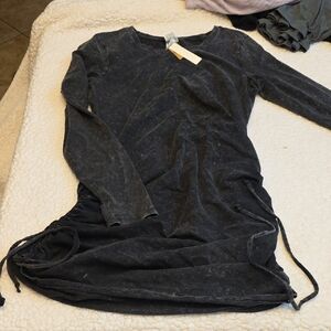 Long Sleeve Drawstring Side Tunic Dress - Black Wash